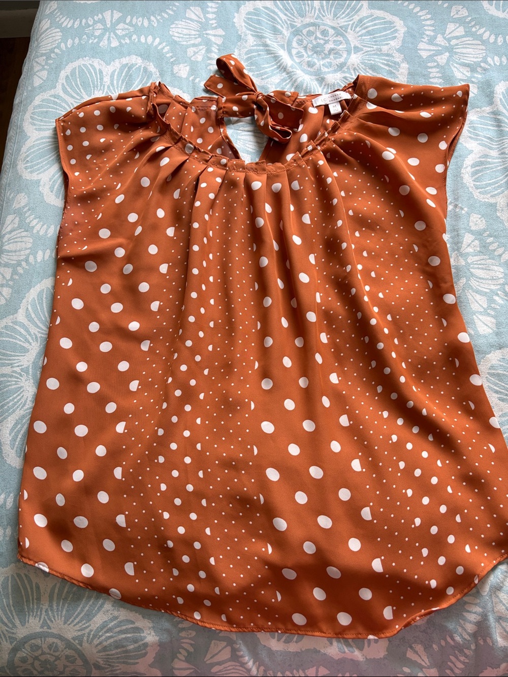 LC Lauren Conrad Rust Polka Dot Tie-Neck Blouse